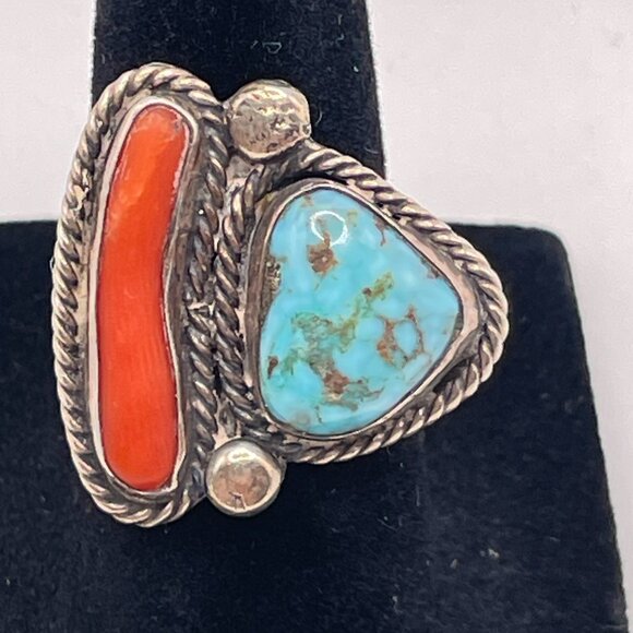 Vintage Signed Native American Silver Turquoise Coral Ring 5 1/2 - Picture 4 of 15